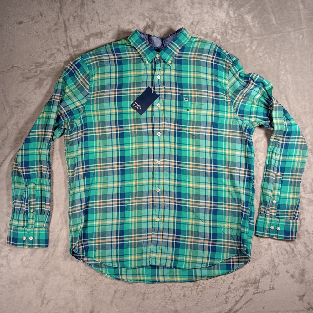 Crown & Ivy Tartan Plaid Button Down Mens XL Green Cotton Classic Fit Preppy